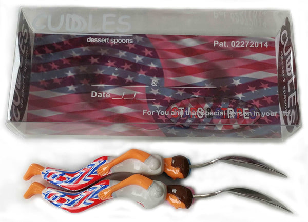 Stars and Stripes Cuddle Spoons laying on the side of the Bed Display Box - Keepsake Gift for Couples & Singles in any Relationship.