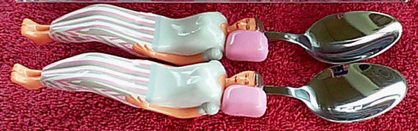Pink & Blue Cuddle Spoons Set - Female (Pink Pillow) + Female (Pink Pillow) Spoon Characters. 