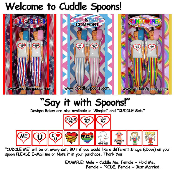 All three Cuddle Spoons sets - Say it with Spoons – Couples & Singles Love Them! Cuddle Me, Hold Me, Love Me, Just Married, LGBTQ and more.