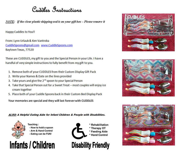 Cuddles Instruction Sheet - FREE with every set of Cuddle Spoons, Stars & Stripes, Pink & Blue, Rainbow Free – LGBTQ Pride & Disability Friendly.