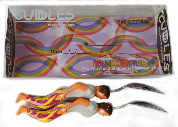 Rainbow Free Cuddle Me laying on the side of the Custom Bed Display Box - Fun Novelty Keepsake Gift for Couples & Singles in any Relationship. LGBTQ, Gay & Lesbian Favorite!