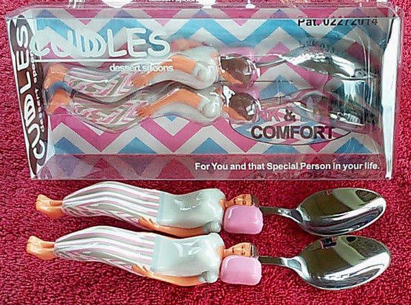 Pink & Blue Cuddle Spoons Set - Female (Pink Pillow) + Female (Pink Pillow) Spoon Characters Cuddling in the Custom made Bed Display Box 