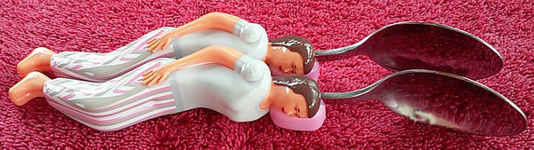 Pink & Blue Cuddle Spoons Set - Female (Pink Pillow) + Female (Pink Pillow) Spoon Characters Cuddling. 