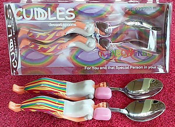 Rainbow Free Cuddle Spoons Set - Female (Pink Pillow) + Female (Pink Pillow) Spoon Handle Characters Cuddling in a Custom made Bed Display Box.