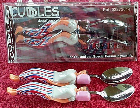 Stars & Stripes Cuddle Spoons Set - Female (Pink Pillow) + Female (Pink Pillow) Spoon Characters Cuddling in a Custom made Bed Display Box.