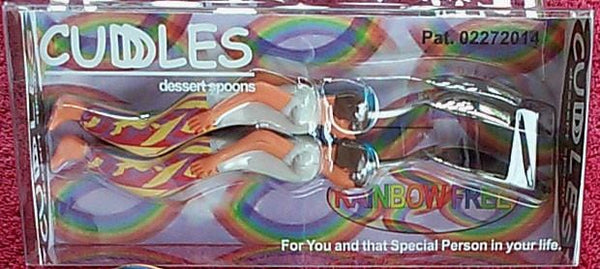 Rainbow Free Cuddle Spoons Set - Male (Blue Pillow) + Male (Blue Pillow) Spoon Handle Characters Cuddling in the Custom made Display Box.