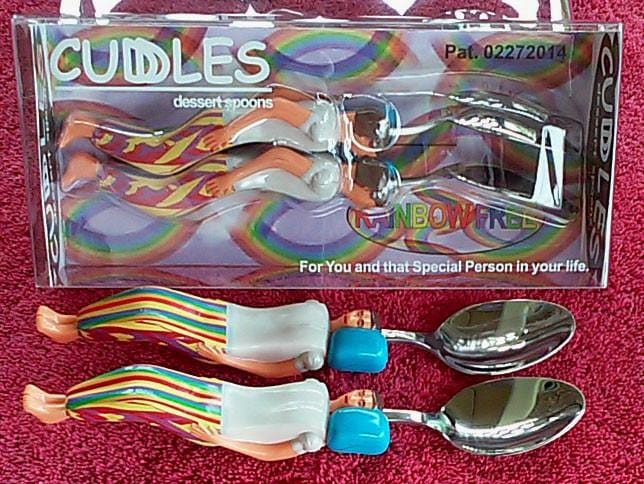Rainbow Free Cuddle Spoons Set - Male (Blue Pillow) + Male (Blue Pillow) Spoons Cuddling in their Custom made Bed Display Box.