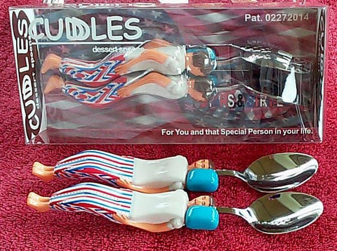 Stars & Stripes Cuddle Spoons Set - Male (Blue Pillow) + Male (Blue Pillow) Spoon Characters Cuddling in a Custom made Bed Display Box.