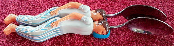 Pink & Blue Cuddle Spoons Set - Male (Blue Pillow) + Male (Blue Pillow) Spoon Characters Cuddling together.