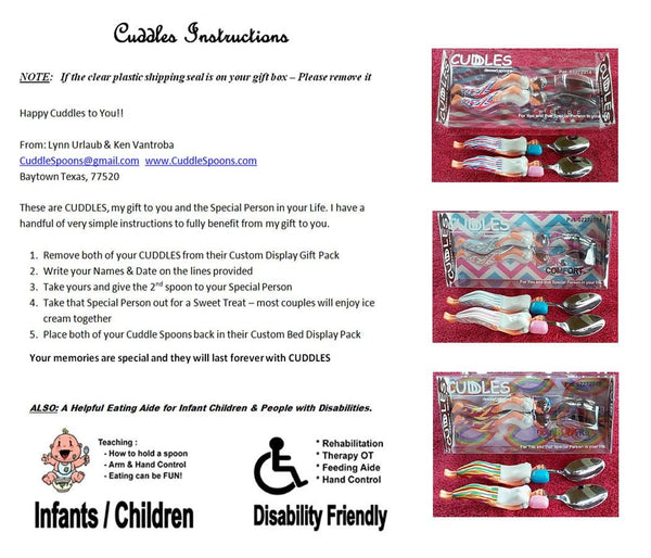 Cuddles Instruction Sheet - FREE with every set of Cuddle Spoons, Stars & Stripes, Pink & Blue, Rainbow Free.